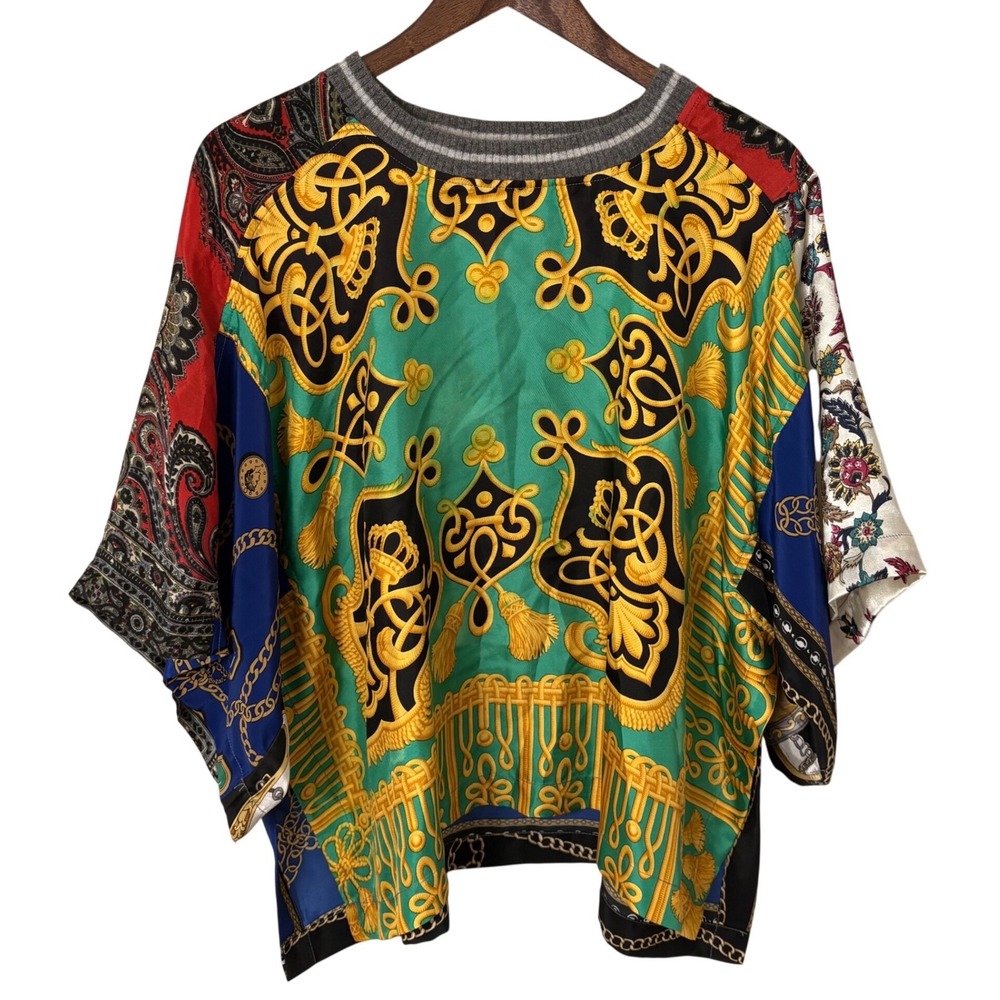Burning Torch LA Upcycled Silk Blouse Womens L Multicolor Patchwork Scarf Unique